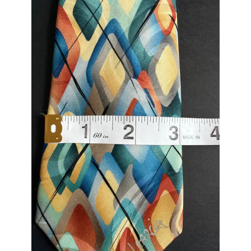 J Garcia Carousel Silk‎ Tie Mens Blue Orange Geometric Abstract Art 62 Inch Long